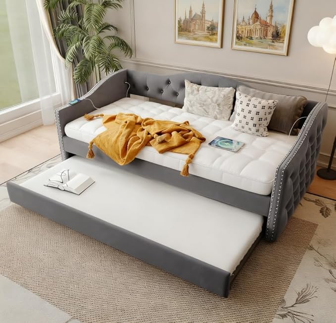 Bellemave Twin Upholstered daybed with Trundle and USB Charging, Velvet Tufted Sofa Bed Twin Size, daybed with Trundle for Adults, Kids, Girls, Teens, for Living Room, Grey