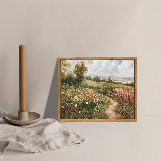 OIQArtOIQ Vintage Landscape Framed Wall Art Summer Countryside Wildflower Field Path Canvas Art Prints Farmhouse Cottagecore Pictures Wall Decor Rustic Meadow Paintings Artwork For Kitchen Bedroom