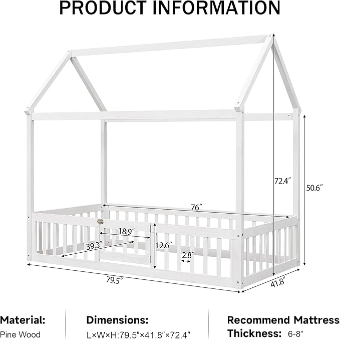 Merax Wooden House Bed, Floor Bed with Fence and Door,Full Guardrail, Twin Size, White