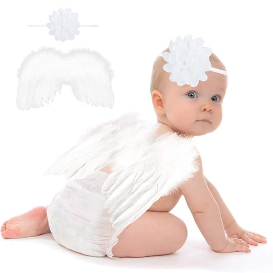 2PCS White Angel Wings With Chiffon Flower Headband For Newborn Infant Photography Props Soft Fairy Feather Wings For Toddlers Kids Girls Gifts(Color F, One Size)