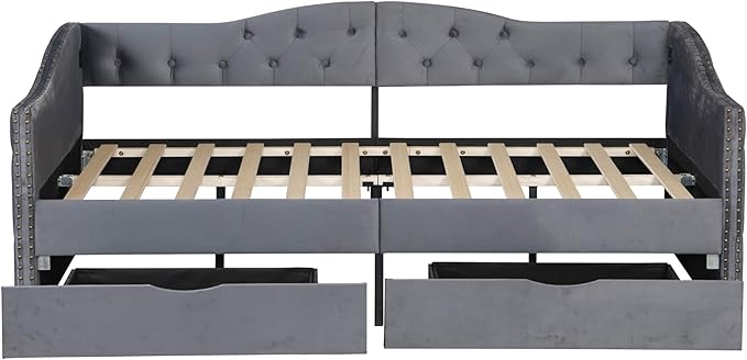 Bellemave Twin Upholstered daybed with 2 Drawers and USB Charging, Velvet Tufted Sofa Bed Twin Size, daybed with Trundle for Adults, Kids, Girls, Teens, for Living Room, Grey
