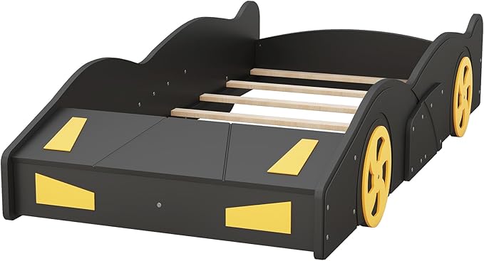Twin Size Car Bed with Storage Space,Race Car-Shaped Platform Wooden Bedframe W/Wheels,No Box Spring Required,for Boys Toddlers Kids Kid's Bedroom,Black+Yellow