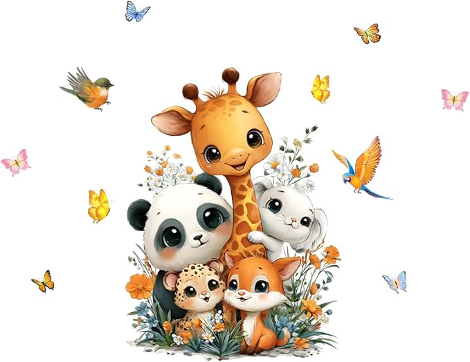 Jungle Safari Friends Wall Decal - Large 47" Animal Wall Sticker Set with Giraffe, Panda, Leopard for Kids Room, Removable Nursery Decor with Butterflies & Flowers, Playroom & Kindergarten Mural