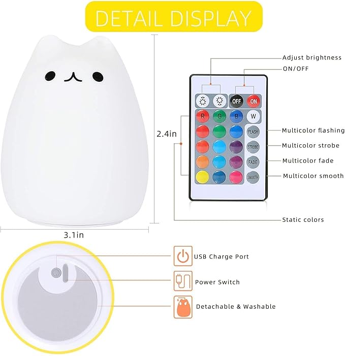 ZKLiLi Remote Cat Night Light, Cute Nursery Lights USB Rechargeable Cat Lamp Nightlight Birthday Christmas Gift with Warm White and 7-Color Breathing Modes for Kids Baby Children (Remote Control)