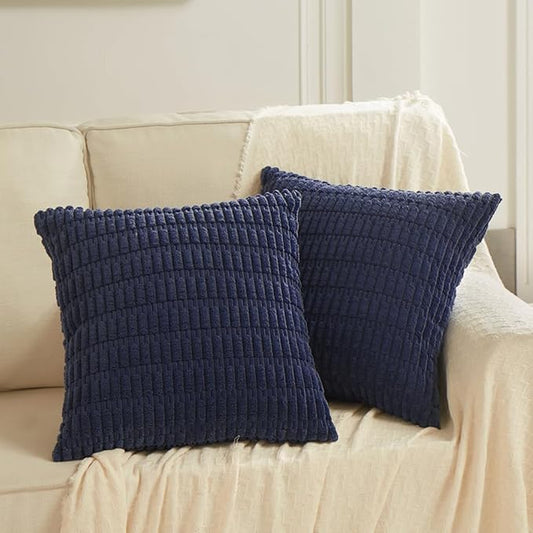 Fancy Homi 2 Packs Navy Blue Decorative Throw Pillow Covers 22x22 Inch for Living Room Couch Bed Sofa, Rustic Farmhouse Boho Home Decor, Soft Striped Corduroy Square Cushion Case 55x55 cm