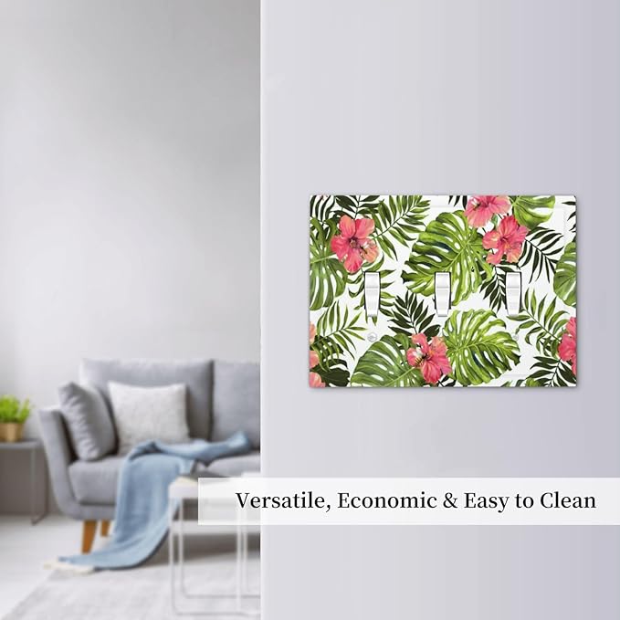Tropical Plant Green Palm Triple Toggle Light Switch Cover 3 Gang Wall Plate Decorative Banana Leaves Pink Flower Rainfores Jungle Botanical Electrical Facplate for Bathroom Kitchen Home 6.7" x 4.8"