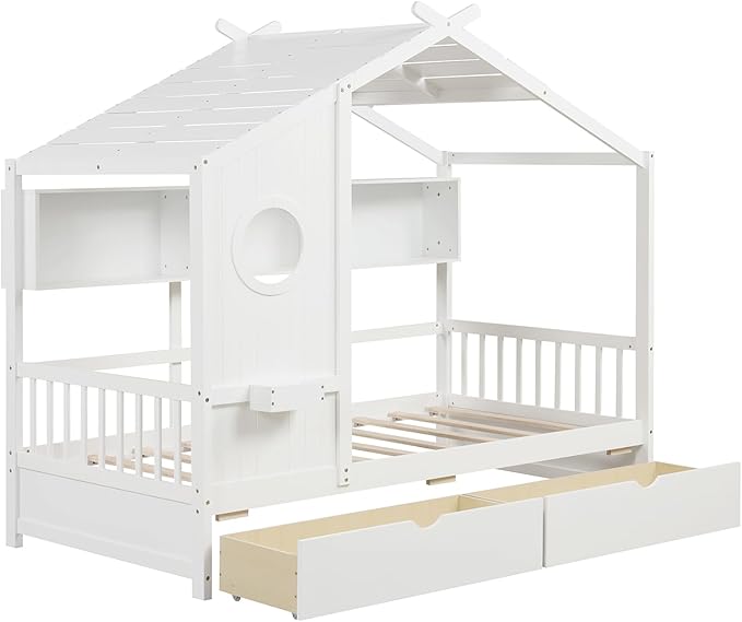 KOMFOTT Twin Size Wood House Bed with 2 Drawers, Wooden Bed Frame with Cube Storage & Fence Rails, Wooden Platform Twin Bed Frame with House-Shaped Roof for Bedroom, No Box Spring Needed (White)