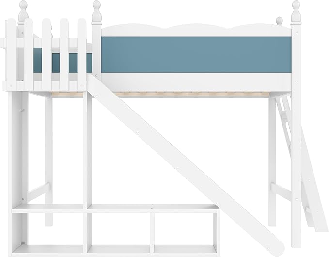 SOFTSEA Full Size Loft Bed with Slide & Storage, Wood Loft Bed with Open Shelves and Cabinet, High Lofted Bed with Convertible Slide and Ladder for Kids Teens Adults, Blue + White