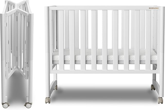 MAMAZING EvoNook 6-in-1 Convertible Mini Crib, 100% New Zealand Solid Wood, 4 Adjustable Mattress Heights, Crib with Mattress, GREENGUARD Gold Certified,White