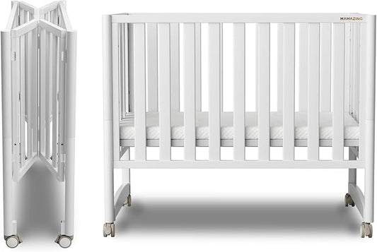 MAMAZING EvoNook 6-in-1 Convertible Mini Crib, 100% New Zealand Solid Wood, 4 Adjustable Mattress Heights, Crib with Mattress, GREENGUARD Gold Certified,White