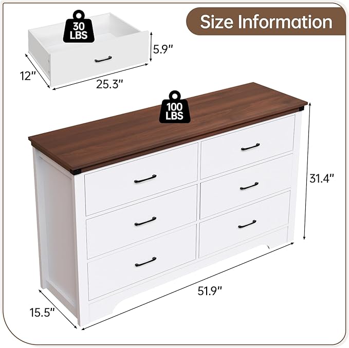 Farmhouse 6 Drawer Dresser for Bedroom, 51" Wide Chest of Drawers, Wooden Dresser Tv Stand, Storage Dressers Organizer for Bedroom, Living Room, Hallway, White