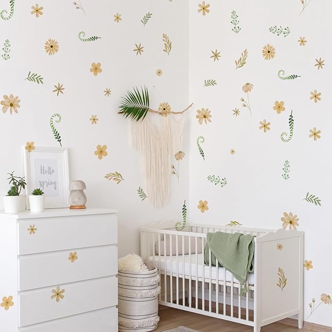 Boho Floral Wall Decals Watercolor Daisy Flower Wall Stickers Colorful Peel and Stick Botanical Decor for Nursery Girls Baby Room (11.81inch x 7.87inch, 6 Sheets)