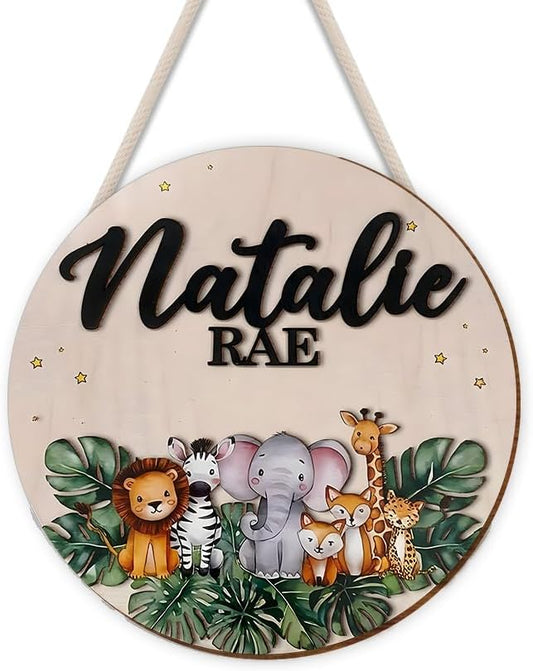 Personalized Jungle Animal Wooden Name Sign | Custom Door Hanger | Room Wall Art for Nursery Decor, Bedroom, and Playroom Wall Hanging
