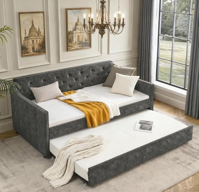 Bellemave Twin Upholstered daybed with Trundle, Polyester Sofa Bed Twin Size, daybed with Trundle for Adults, Kids, Girls, Teens, for Living Room, Grey