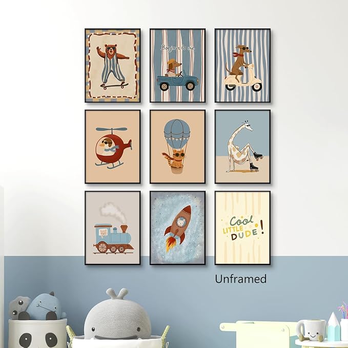 9 Pieces Nursery Animals Canvas Wall Art, Kids Room Cute Bear Dog Cat Giraffe and Bunny Picture, Skateboard Cars Rocket and Hot Air Balloon Poster for Boys Bedroom Playroom 8x12in Unframed