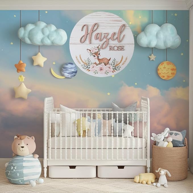 Personalized Baby Name Signs for Nursery, Floral Deer Sign for Baby Door Decor, Newborn Gifts for Girl, Girls Nursery Wall Bedroom Decorations, Mother's Day Gifts for New Mom Dad Gift