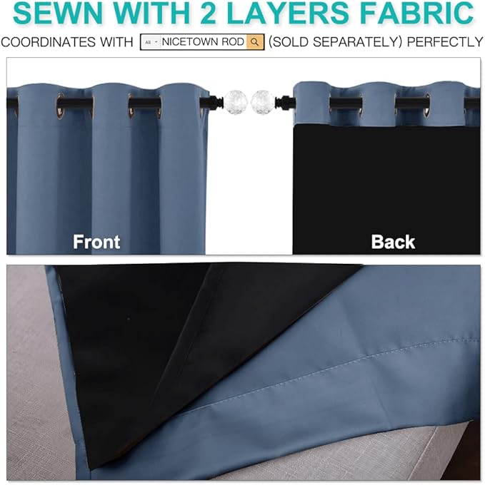 NICETOWN 100% Blackout Curtains with Black Liners, Home Decor Thermal Insulated Full Blackout 2-Layer Lined Drapes, Energy Efficiency Window Draperies for Bedroom (Stone Blue, 2 Panels, 42"W by 63"L)