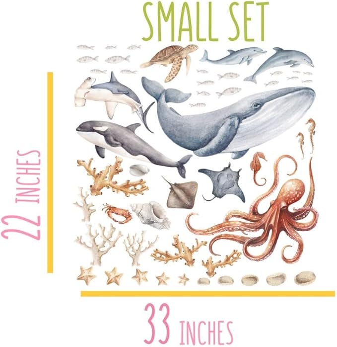 Ocean Wall Stickers & Shark Decals – Fish Stickers and Ocean Wall Stickers for Nursery Baby Kids Bedroom Bathroom, Small Set (33″ W × 22″ H) 50 Pcs