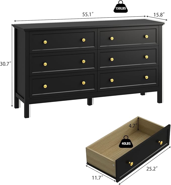 CARPETNAL Black Dresser for Bedroom, 6 Drawer Dresser with Wide Drawer and Metal Handles, 55" Black and Gold Wood Dressers & Chests of Drawers for Hallway, Entryway.