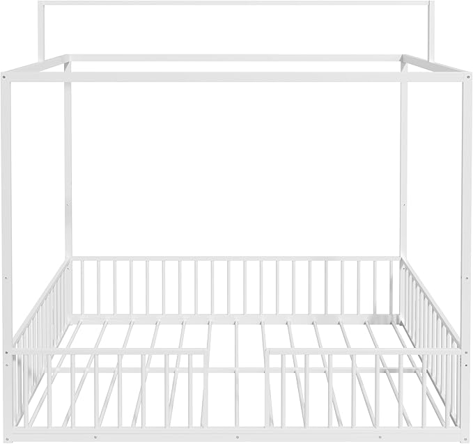 Merax Full Size Convertible Montessori Floor Bed, Metal House Bed Framefor Kids, Floor Beds with Fence for Kids,White