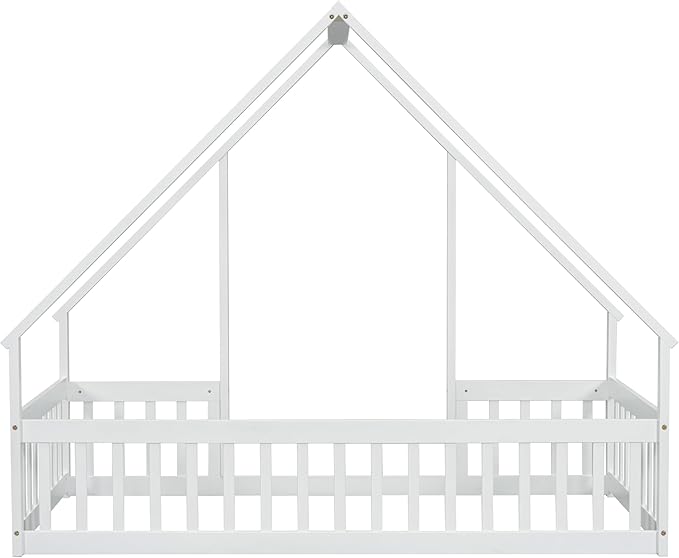 Bellemave Twin Floor Bed for Kids, Girls, Boys, Wood House Bed Frame, House Floor Bed for Kids, Twin Size Montessori Floor Bed with Fence, Playhouse, White