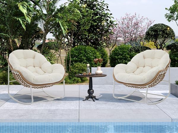 Oversized Outdoor Papasan Rocking Chair Set of 2 with Soft Cushion, Comfy Patio Egg Chair, Wicker Lounge Rocker for Balcony/Porch/Garden, Reinforced All Weather Rattan Frame, Cream