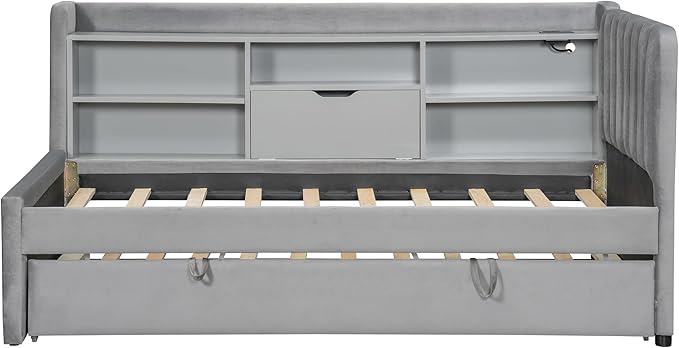 Twin Size Daybed with Trundle and Storage L-Shaped Bookshelf Headboard, Velvet Upholstered Soft Corner Bed with Charging Station and Shelves for Kids Boys Girls, Gray