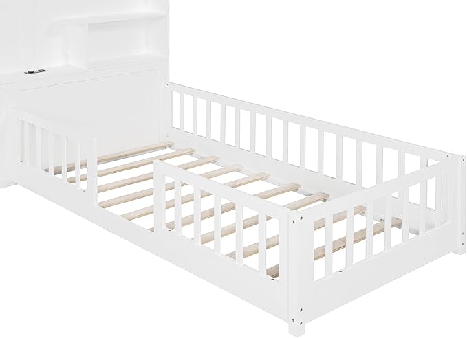 Twin Size Kids Floor Bed with Safety Fence, Solid Wood Montessori Platform Bed with House Shape Headboard with Bedside Drawers, Shelves, Sockets and USB Port for Kids Boys Girls (White-LT1)
