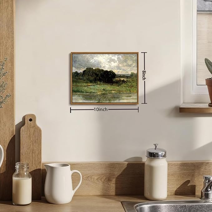 OIQArtOIQ Framed Vintage Landscape Wall Art Lake Natural Scenery Oil Painting Canvas Prints Country Farmhouse Decor Aesthetic Pictures for Kitchen Bedroom Living Room Bathroom