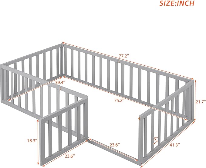 Merax Twin Floor Bed with Safety Guardrails and Door, Wood Montessori Floor Bed Frame for Kids, Twin Playhouse Bed Frame for Baby Girls and Boys, Grey