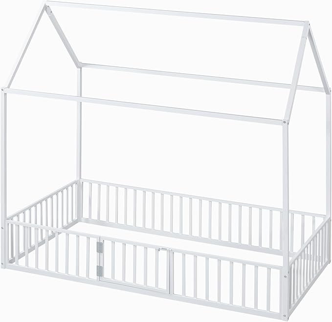 Bellemave Twin Size Kids House Bed - Metal Montessori Floor Bed with Fence and Door, White