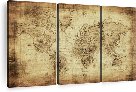 ElephantStock Ancient World Map Wall Art Multi Piece Canvas - 3 Piece Canvas World Map Wall Decor - Wall Decor - Ready-to-Hang Print - Vintage Wall Art - 74" X 48"