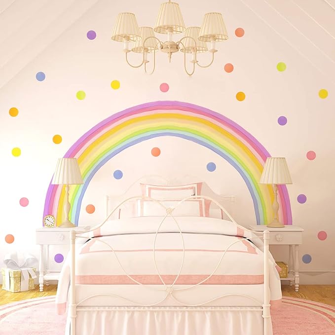 84x42 Inch Extra Large Rainbow Wall Decal Colorful Rainbow Polka Dot Wall Decals Large Rainbow Wall Sticker Fabric Decals Nursery Rainbows Stickers for Kids Rooms Girls Bedroom