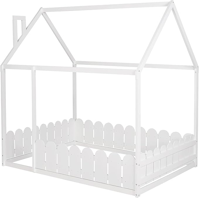 Merax Wooden House Bed with Fence-Shaped Guardrail Montessori Bed Frame for Kids, Toddlers, Girls, Boys (Full,White)