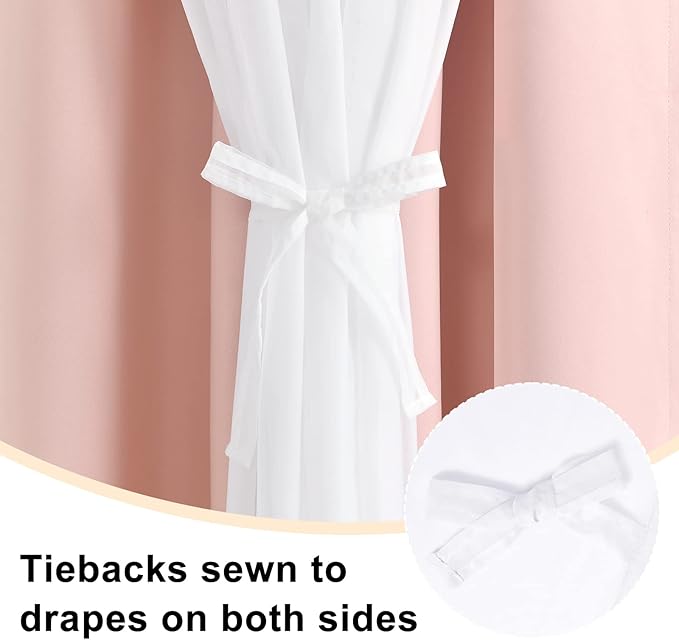 Hiasan Blackout Curtains with Sheer Overlay, Thermal Insulated Mix & Match Double Layer Room Darkening Window Curtains for Bedroom,Living Room, Nursery 2 Panels with Tiebacks(38W X 84L,Blush Pink)