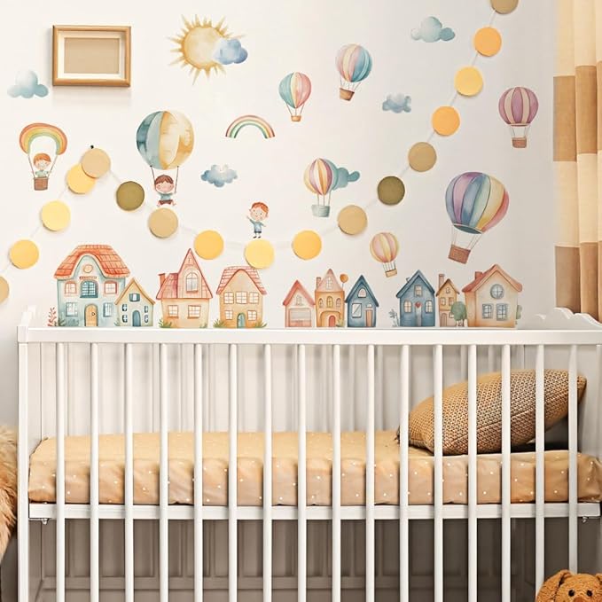 Cartoon City Wall Decals, Whimsical Hot Air Balloons, Houses, Animals, Rainbow, Sun, Clouds Design, Removable Vinyl Stickers for Kids Room, Nursery, Bedroom, Playroom Decor (Colorful-03)