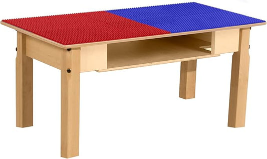 Time-2-Play Kids Wooden Rectangular Lego Compatible Play Table 30.75" W with 14" Long Maple Legs & Built in Shelf, Birch Plywood Montessori Activity Desk for Toddlers [Red & Blue]