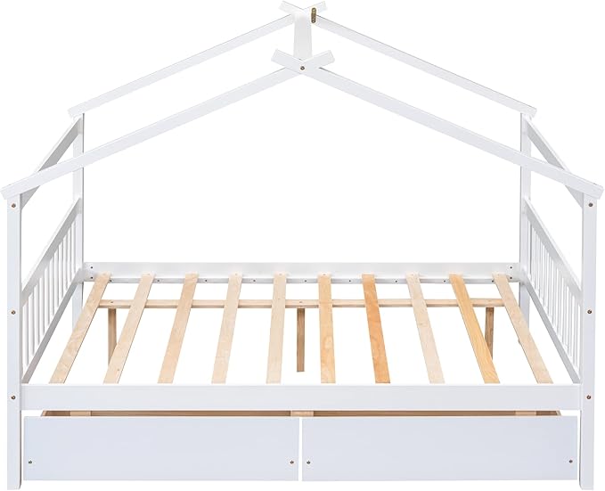 Harper & Bright Designs Full Size House Bed for Kids With Two Drawers, Wooden Frame With Storage, Roof Design for Girls Boys, White