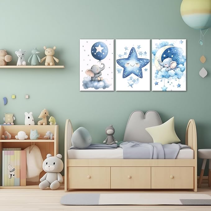 Nursery Canvas Wall Art Elephant Pictures Wall Decor Moon and Stars Painting Baby Boy Prints Cute Animal Poster Artwork for Kids Room Bathroom Decor Framed(Baby-1,11L x 14W x 3Pcs)