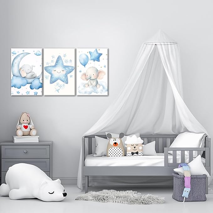 Nursery Wall Art Baby Boy Wall Decor Blue Elephant Moon and Stars Painting Prints Cute Animal Canvas Poster for Kids Room Decor Framed(Baby-2,11L x 14W x 3Pcs)