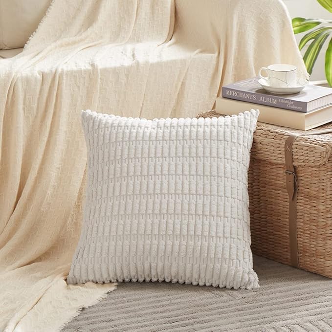 Fancy Homi 2 Packs Pure White Decorative Throw Pillow Covers 20x20 Inch for Living Room Couch Bed Sofa, Rustic Farmhouse Boho Home Decor, Soft Striped Corduroy Square Cushion Case 50x50 cm