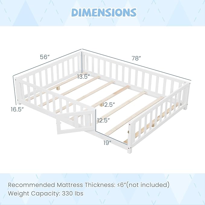 Giantex Full Size Floor Bed for Kids, Low Montessori Bed with Wood Slats & Safety Guardrails, Solid Wood Full Floor Beds with Fence and Door for Kids Boys Girls, White
