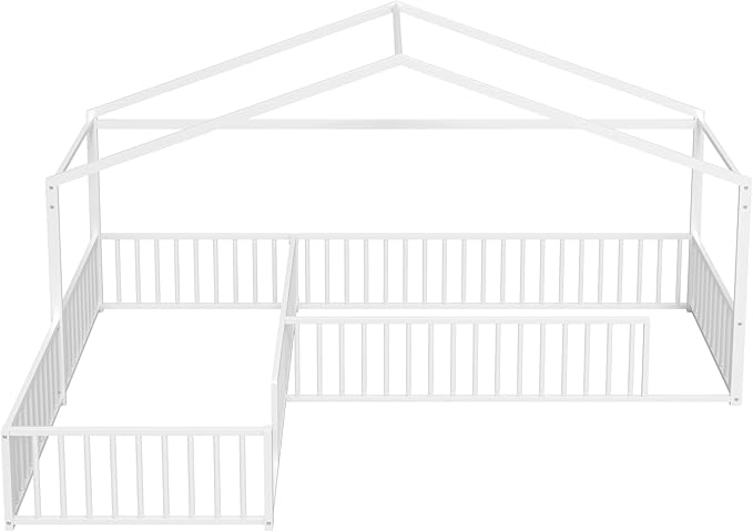 SOFTSEA Twin Size L-Shaped House Floor Bed, Metal Montessori Bed Frame with Fence Guardrails, Double Twin Corner House Bed for 2 Kids, No Slats Included, Box Spring Needed, Easy Assembly, White