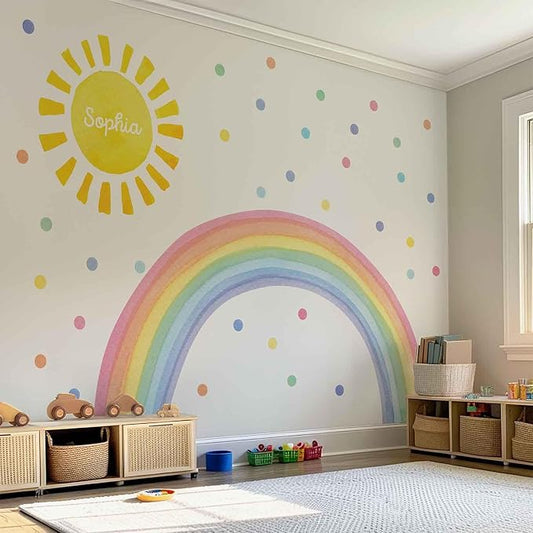 Watercolor Rainbow, Sun, Polka Dots Wall Decal for Kids Room, Nursery, Baby Room Decor, Polka Dots Mural, Rainbow Wallpaper (Rainbow-Sun-Polkadots, XLarge)