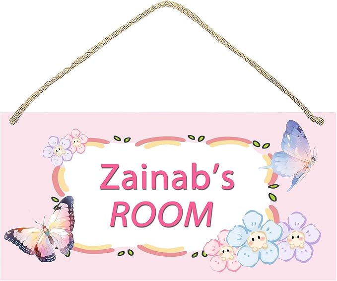Personalized Name's Pretty Pink cartoon flower-butterfly Nursery Kid's Children's Girls Bedroom Door Sign Wood Plaque Sign Wall Decor Gift