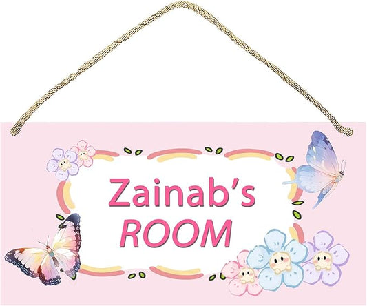 Personalized Name's Pretty Pink cartoon flower-butterfly Nursery Kid's Children's Girls Bedroom Door Sign Wood Plaque Sign Wall Decor Gift