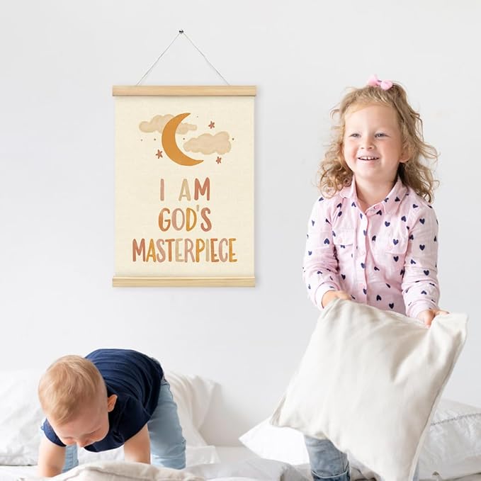 PLKMN Christian Nursery Wall Decor, I am God's Masterpiece Wall Art with Wooden Poster Hanger, Boho Moon Christian Wall Decor for Nursery Kids Room Sunday School Preschool Classroom, 12x16 Inch