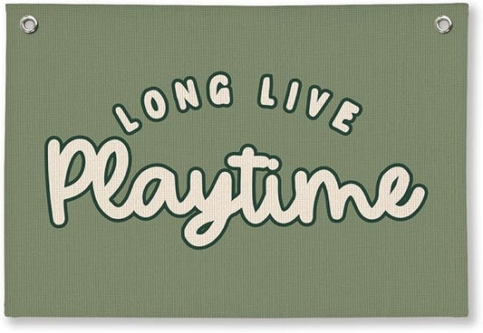 Playroom Decor for Boy, Long Live Playtime Wall Hanging Linen Banner, Blue Striped Wall Flag for Kids Room Nursery Playroom Decor, 20x30 Inch-Green