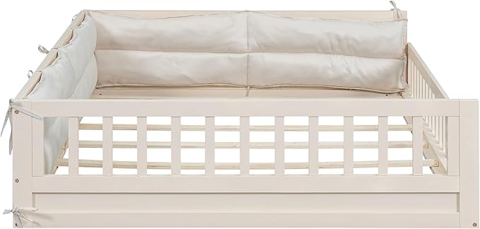 Full Size Upholstered Floor Bed with Guardrail, Montessori Platform Bed Frame for Kids and Toddlers, Wood Slat Support, No Box Spring Needed (Beige + Solid Wood+MDF + Full)