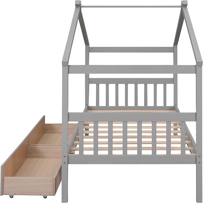 Merax Twin Size Wooden House Bed with Two Drawers, Wood Bed Frame with Roof for Kids, Teens, Boys or Girls, Grey